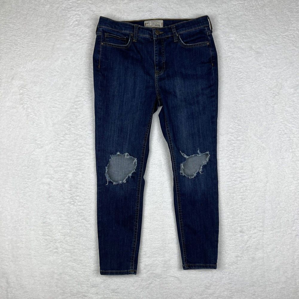 Free People Jeans Womens 29 Blue‎ Denim Skinny Ankle Mid Rise Distressed Knees